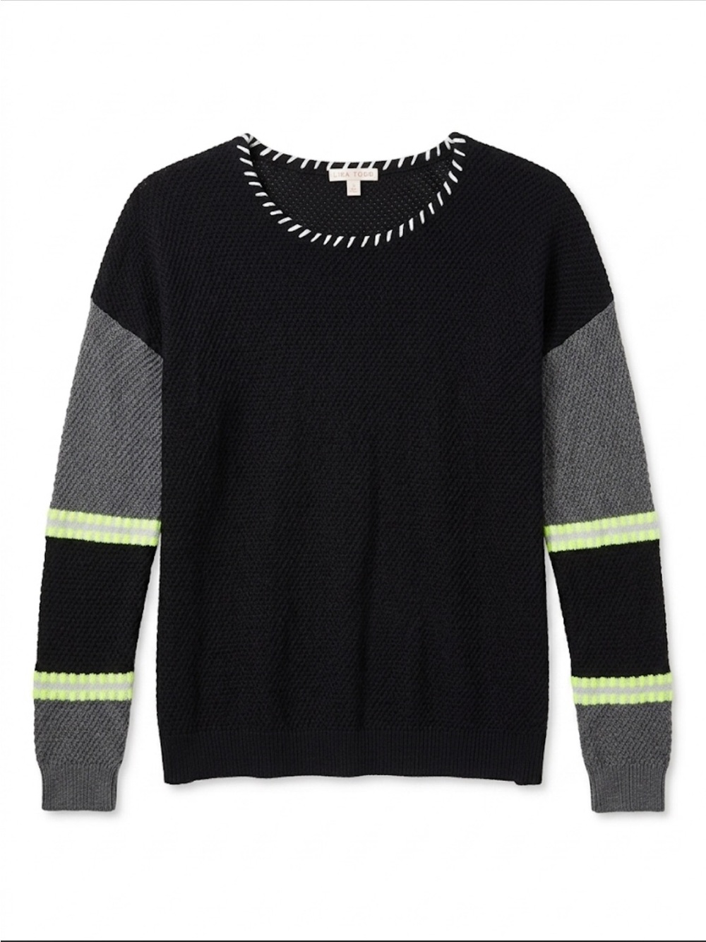 Lisa Todd Black Crewneck Sweater with Gray Sleeves and Neon Lime Stripes